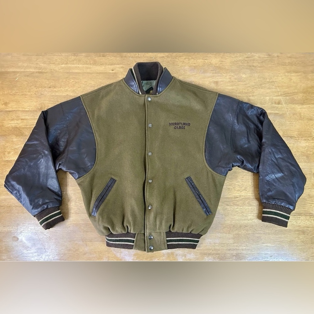 High Quality Bonwitt Green Wool and Black Leather Men Varsity Jacket Sz Large